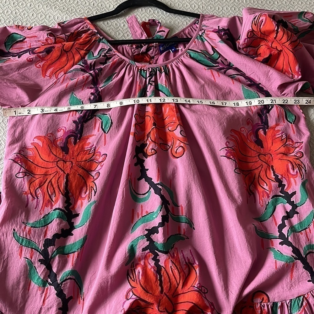 Ro’s Garden Vera Pink Floral Puff Sleeve Mini Dress Tie Waist Ruffle Hem Size M - Picture 16 of 16